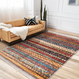 Hereke Pattern Rug|Rustic Design Farmhouse Carpet|Machine-Washable Fringed Non-Slip Rug|Ethnic Multi-Purpose Anti-Slip Geometric Carpet