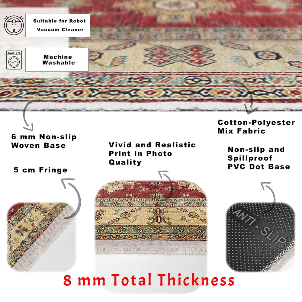 Traditional Area Rug|Ethnic Multi-Purpose Anti-Slip Geometric Carpet|Rustic Design Farmhouse Carpet|Machine-Washable Fringed Non-Slip Rug