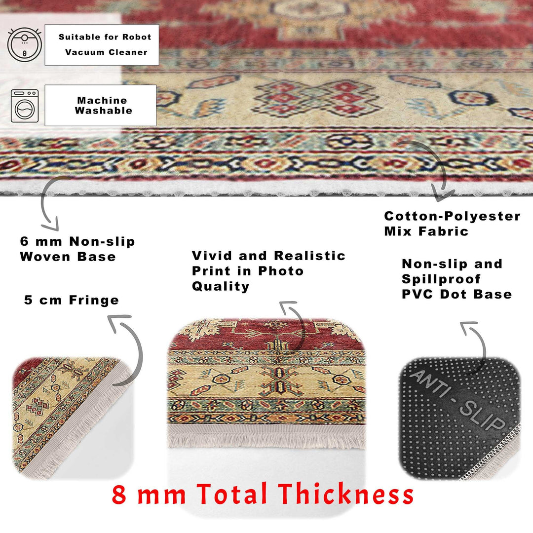 Traditional Area Rug|Ethnic Multi-Purpose Anti-Slip Geometric Carpet|Rustic Design Farmhouse Carpet|Machine-Washable Fringed Non-Slip Rug