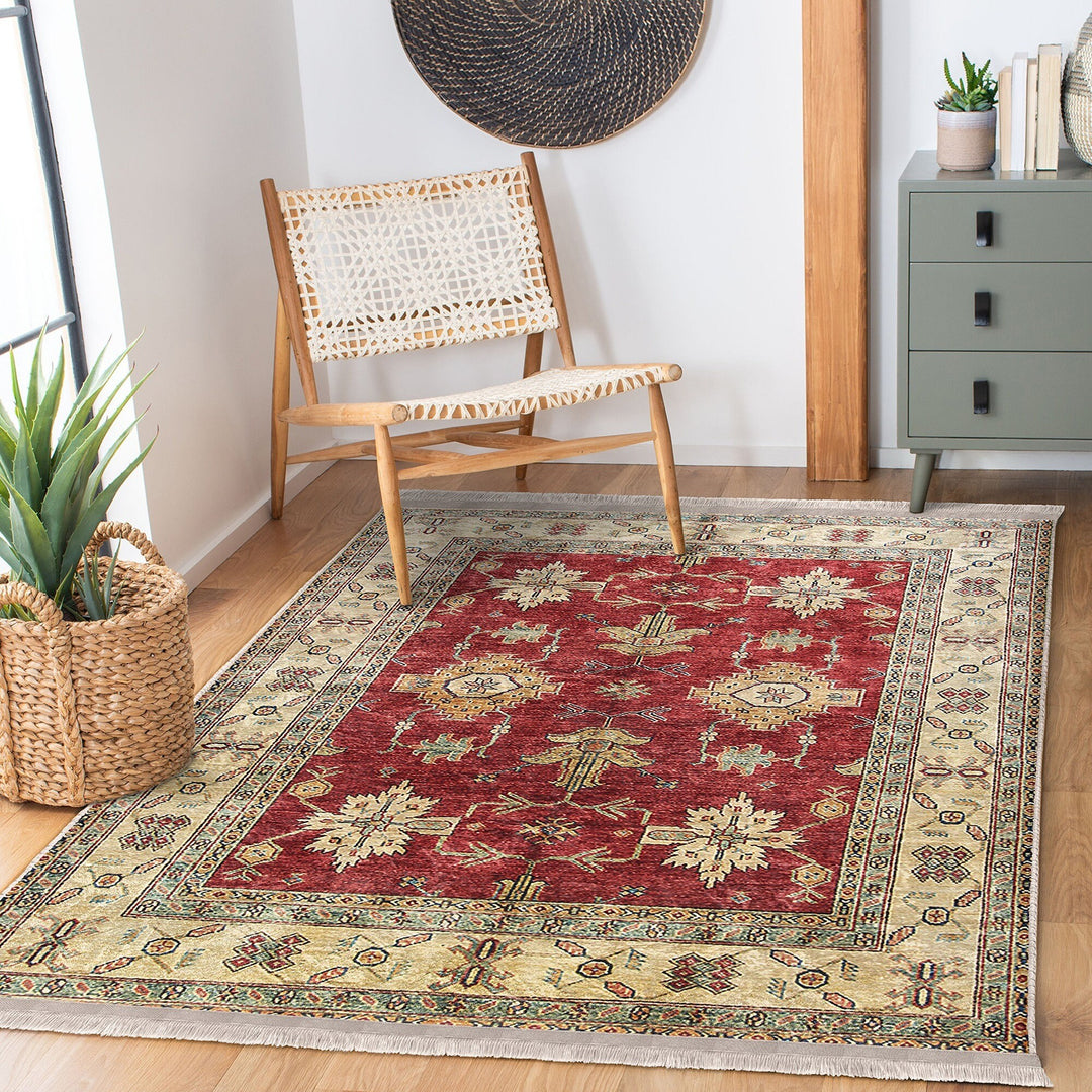 Traditional Area Rug|Ethnic Multi-Purpose Anti-Slip Geometric Carpet|Rustic Design Farmhouse Carpet|Machine-Washable Fringed Non-Slip Rug