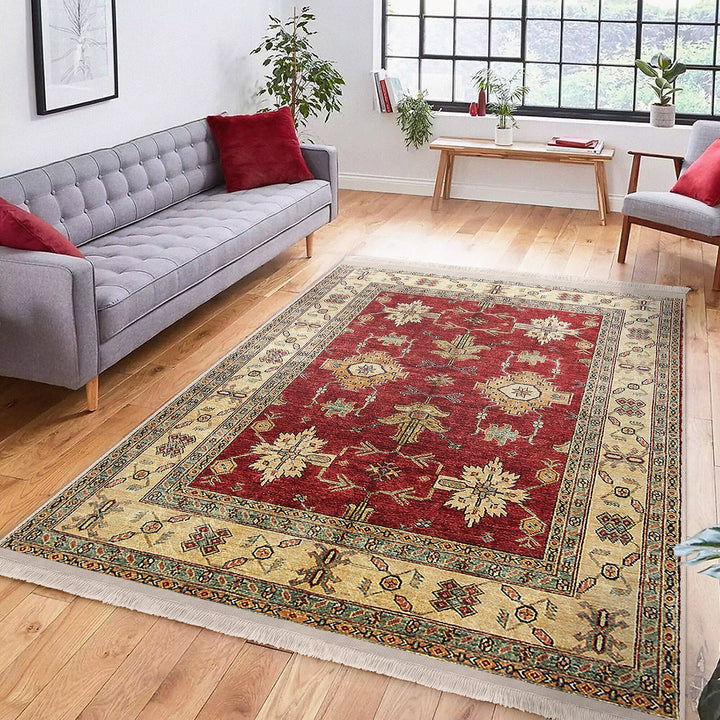 Traditional Area Rug|Ethnic Multi-Purpose Anti-Slip Geometric Carpet|Rustic Design Farmhouse Carpet|Machine-Washable Fringed Non-Slip Rug