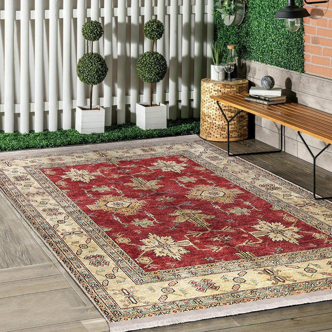 Traditional Area Rug|Ethnic Multi-Purpose Anti-Slip Geometric Carpet|Rustic Design Farmhouse Carpet|Machine-Washable Fringed Non-Slip Rug