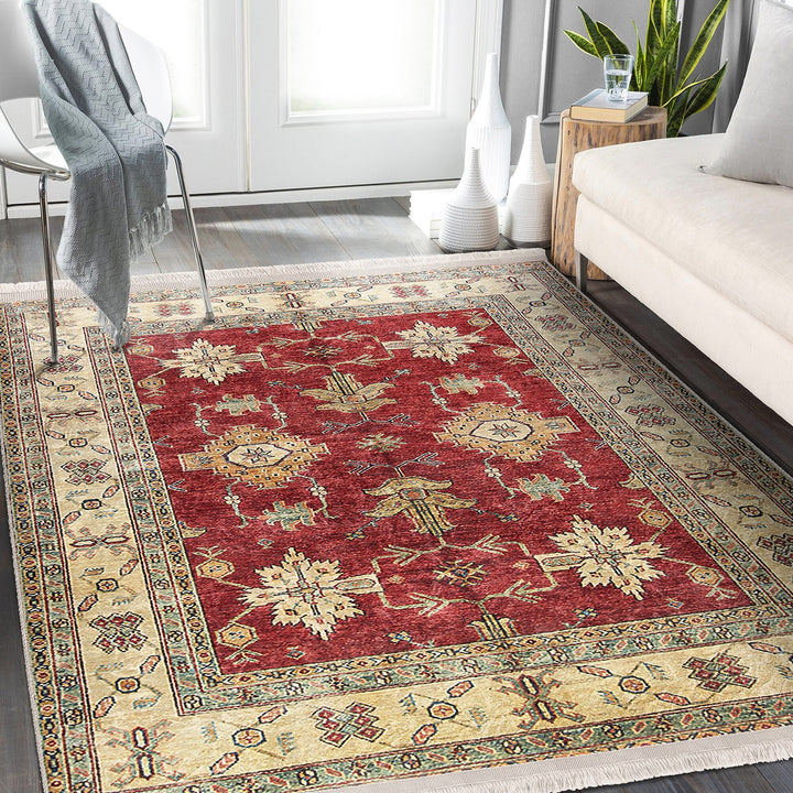 Traditional Area Rug|Ethnic Multi-Purpose Anti-Slip Geometric Carpet|Rustic Design Farmhouse Carpet|Machine-Washable Fringed Non-Slip Rug
