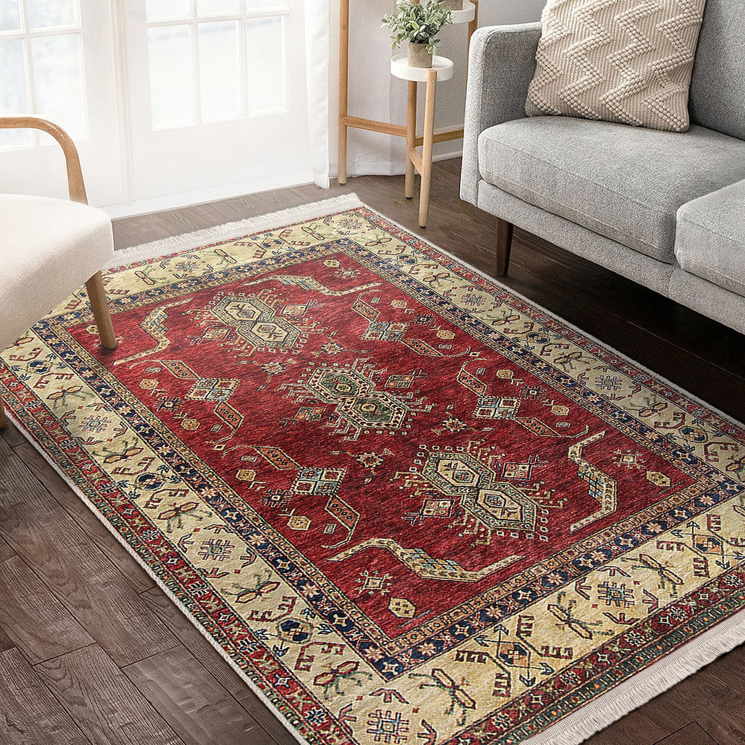 Hereke Pattern Rug|Ethnic Farmhouse Carpet|Machine-Washable Fringed Non-Slip Rug|Rustic Design Multi-Purpose Anti-Slip Geometric Carpet