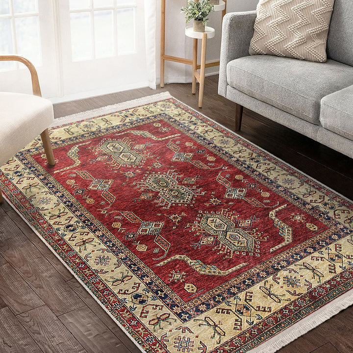 Hereke Pattern Rug|Ethnic Farmhouse Carpet|Machine-Washable Fringed Non-Slip Rug|Rustic Design Multi-Purpose Anti-Slip Geometric Carpet