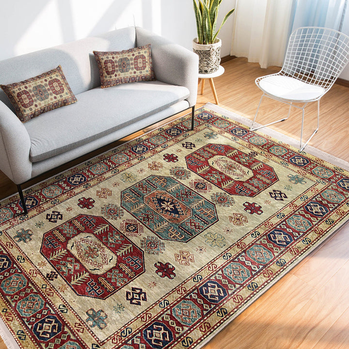 Ottoman Style Rug|Rustic Design Farmhouse Carpet|Machine-Washable Fringed Non-Slip Rug|Ethnic Multi-Purpose Anti-Slip Geometric Carpet