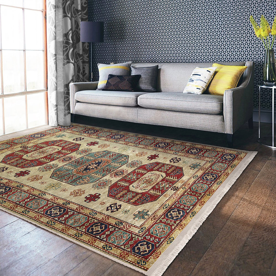 Ottoman Style Rug|Rustic Design Farmhouse Carpet|Machine-Washable Fringed Non-Slip Rug|Ethnic Multi-Purpose Anti-Slip Geometric Carpet