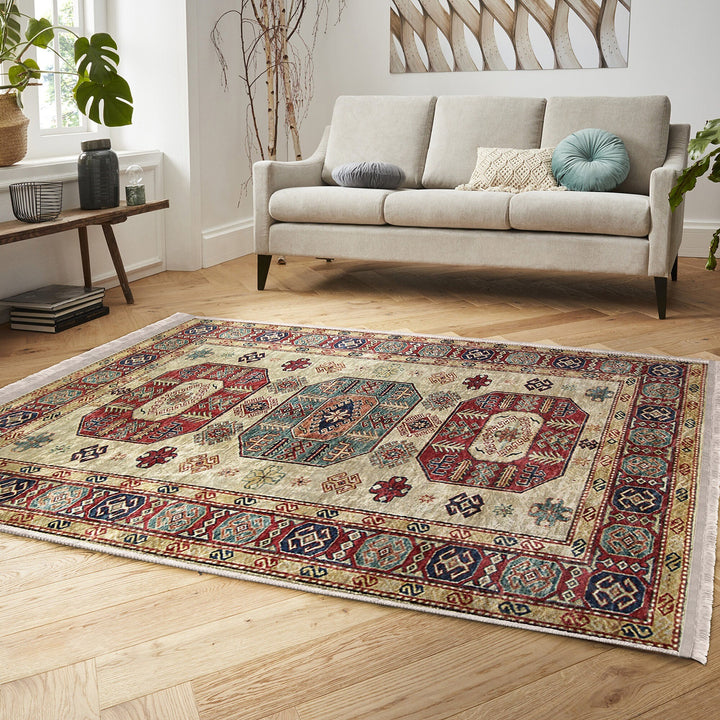 Ottoman Style Rug|Rustic Design Farmhouse Carpet|Machine-Washable Fringed Non-Slip Rug|Ethnic Multi-Purpose Anti-Slip Geometric Carpet