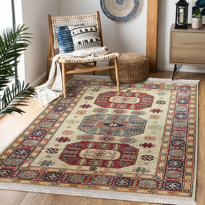 Ottoman Style Rug|Rustic Design Farmhouse Carpet|Machine-Washable Fringed Non-Slip Rug|Ethnic Multi-Purpose Anti-Slip Geometric Carpet