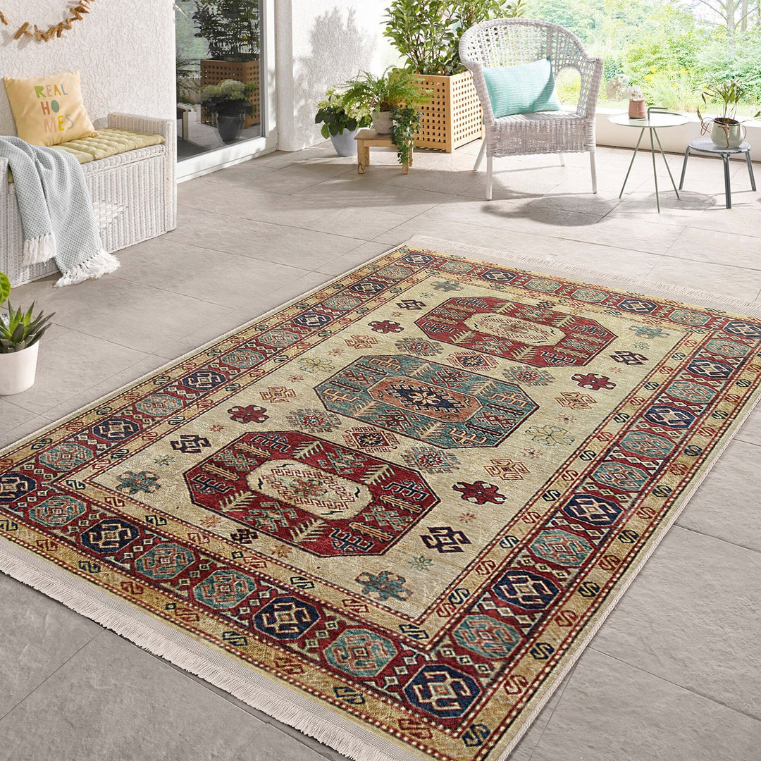 Ottoman Style Rug|Rustic Design Farmhouse Carpet|Machine-Washable Fringed Non-Slip Rug|Ethnic Multi-Purpose Anti-Slip Geometric Carpet