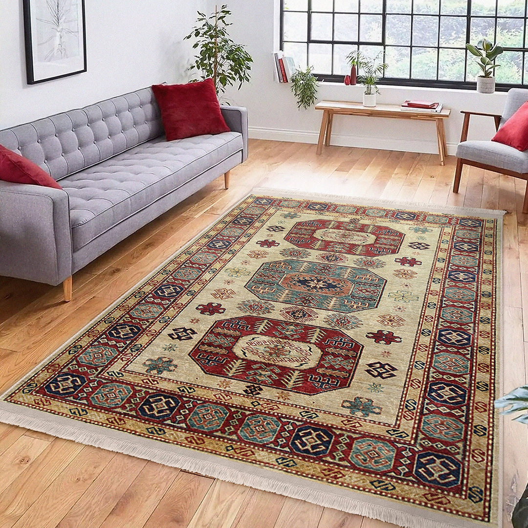 Ottoman Style Rug|Rustic Design Farmhouse Carpet|Machine-Washable Fringed Non-Slip Rug|Ethnic Multi-Purpose Anti-Slip Geometric Carpet