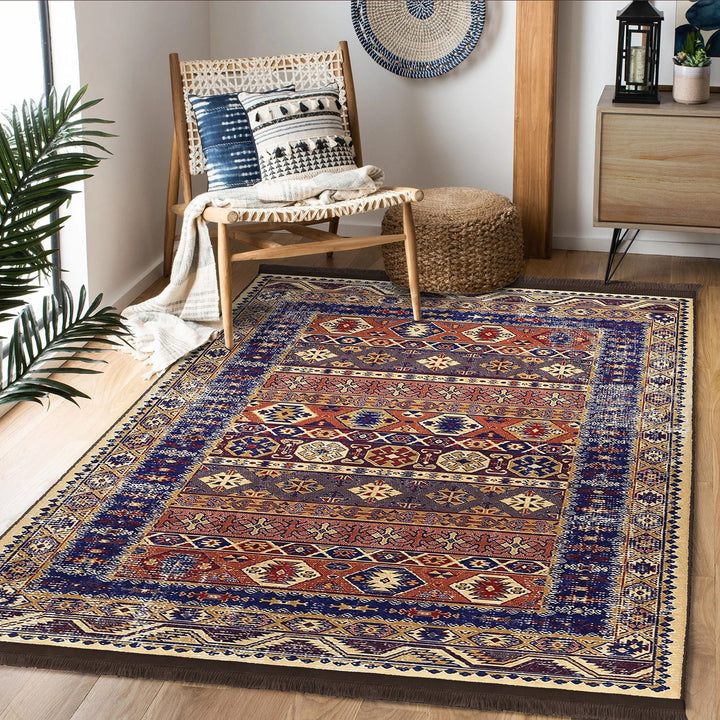 Hereke Pattern Rug|Kilim Design Farmhouse Carpet|Machine-Washable Fringed Non-Slip Rug|Ethnic Multi-Purpose Anti-Slip Anatolian Carpet