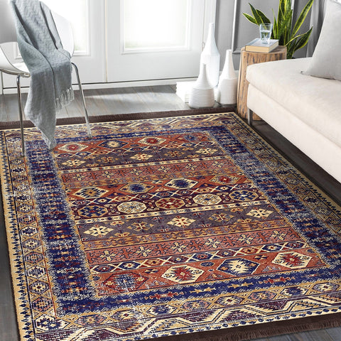 Hereke Pattern Rug|Kilim Design Farmhouse Carpet|Machine-Washable Fringed Non-Slip Rug|Ethnic Multi-Purpose Anti-Slip Anatolian Carpet