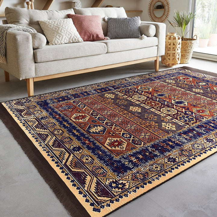 Hereke Pattern Rug|Kilim Design Farmhouse Carpet|Machine-Washable Fringed Non-Slip Rug|Ethnic Multi-Purpose Anti-Slip Anatolian Carpet