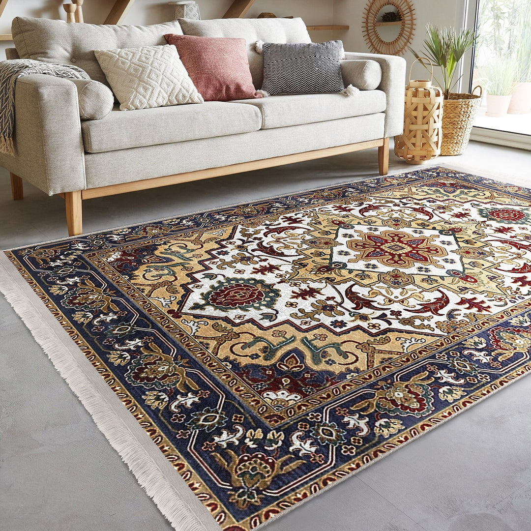 Hereke Pattern Rug|Farmhouse Ottoman Carpet|Machine-Washable Fringed Non-Slip Rug|Ethnic Multi-Purpose Anti-Slip Rustic Design Carpet