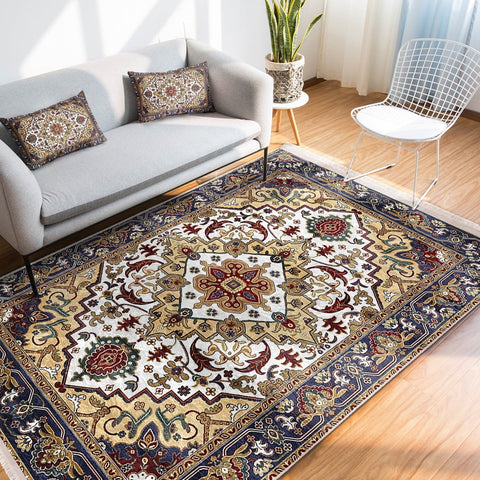 Hereke Pattern Rug|Farmhouse Ottoman Carpet|Machine-Washable Fringed Non-Slip Rug|Ethnic Multi-Purpose Anti-Slip Rustic Design Carpet