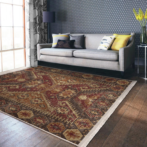 Oushak Pattern Rug|Rustic Design Farmhouse Carpet|Machine-Washable Fringed Non-Slip Rug|Ethnic Worn Looking Multi-Purpose Anti-Slip Carpet
