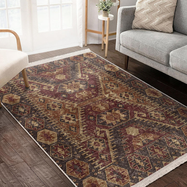 Oushak Pattern Rug|Rustic Design Farmhouse Carpet|Machine-Washable Fringed Non-Slip Rug|Ethnic Worn Looking Multi-Purpose Anti-Slip Carpet