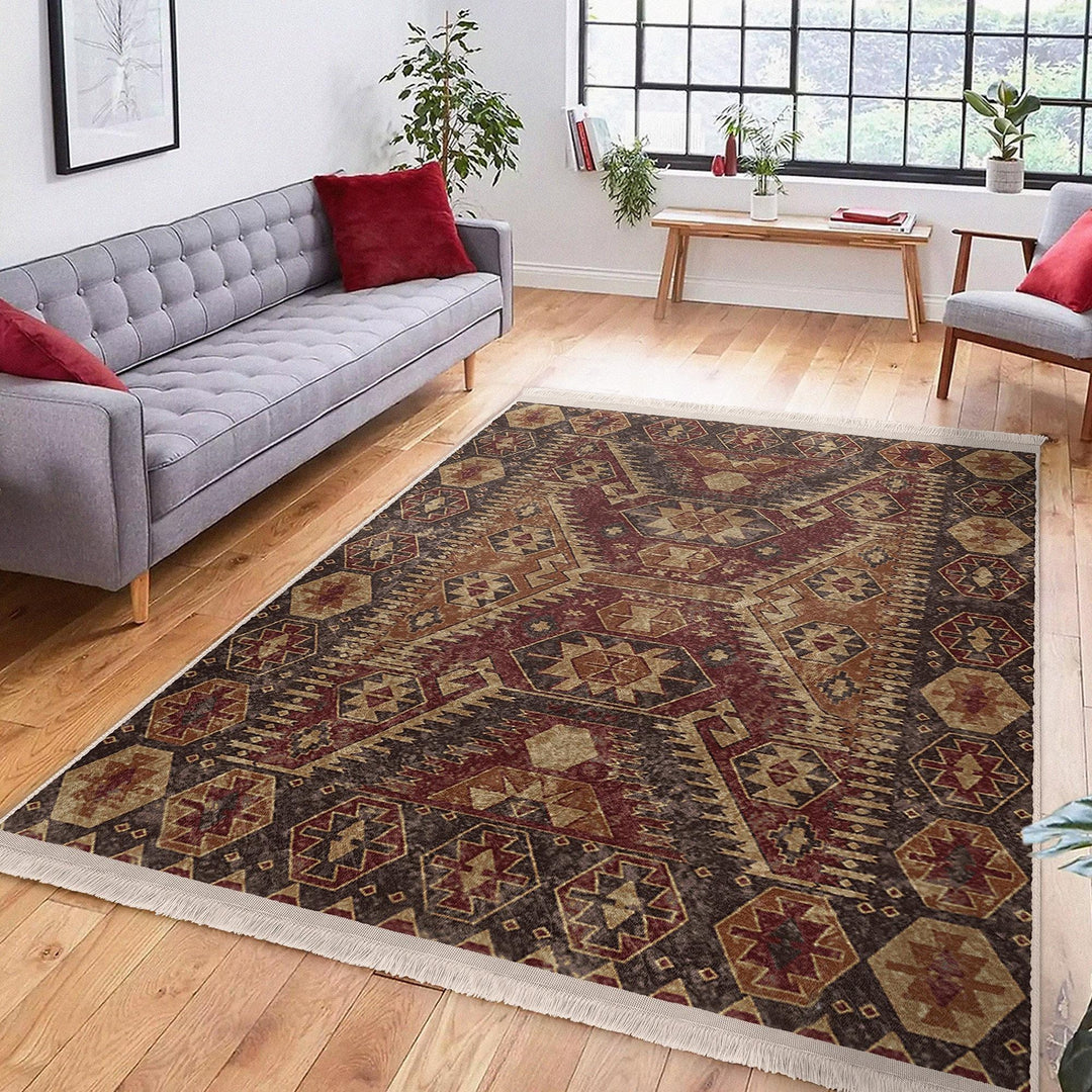 Oushak Pattern Rug|Rustic Design Farmhouse Carpet|Machine-Washable Fringed Non-Slip Rug|Ethnic Worn Looking Multi-Purpose Anti-Slip Carpet