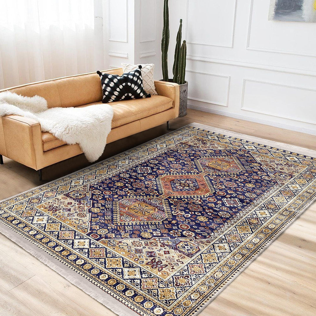 Oushak Pattern Rug|Ethnic Kilim Design Farmhouse Carpet|Machine-Washable Fringed Non-Slip Rug|Multi-Purpose Anti-Slip Vintage Style Carpet