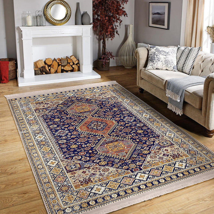 Oushak Pattern Rug|Ethnic Kilim Design Farmhouse Carpet|Machine-Washable Fringed Non-Slip Rug|Multi-Purpose Anti-Slip Vintage Style Carpet