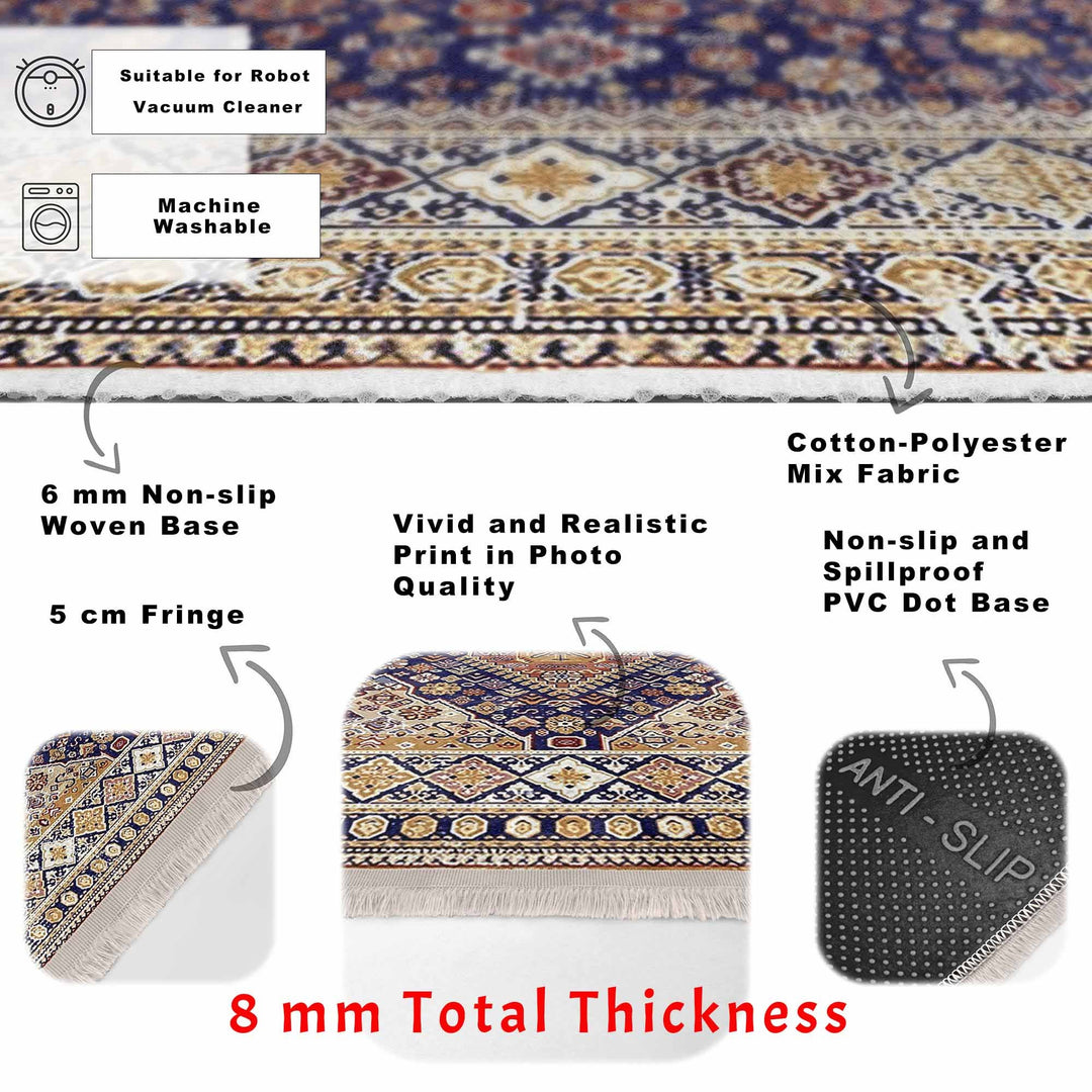 Oushak Pattern Rug|Ethnic Kilim Design Farmhouse Carpet|Machine-Washable Fringed Non-Slip Rug|Multi-Purpose Anti-Slip Vintage Style Carpet