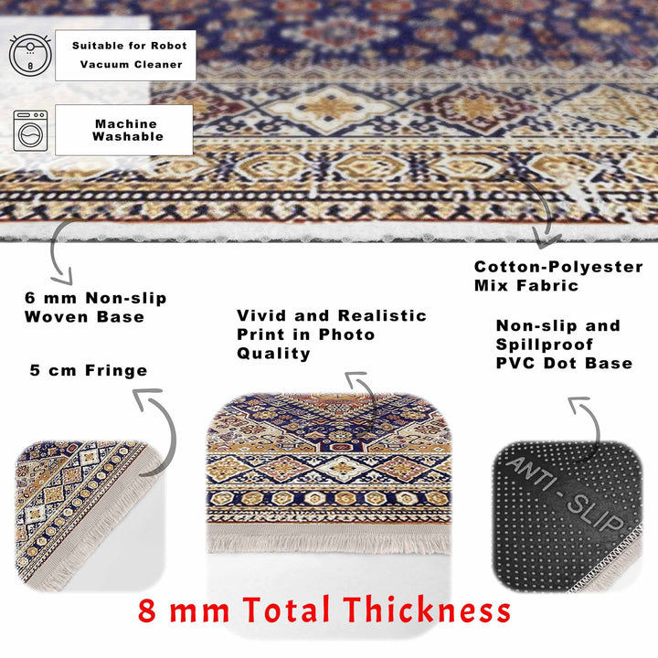 Oushak Pattern Rug|Ethnic Kilim Design Farmhouse Carpet|Machine-Washable Fringed Non-Slip Rug|Multi-Purpose Anti-Slip Vintage Style Carpet