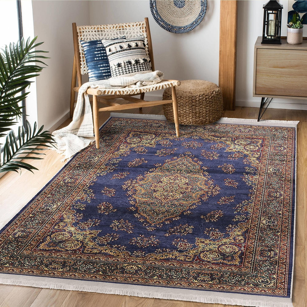 Oushak Pattern Rug|Ethnic Design Avangarde Carpet|Machine-Washable Fringed Non-Slip Rug|Multi-Purpose Anti-Slip Rustic Ottoman Carpet