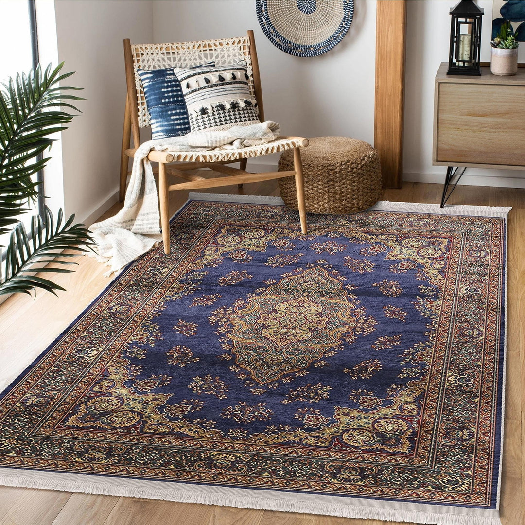 Oushak Pattern Rug|Ethnic Design Avangarde Carpet|Machine-Washable Fringed Non-Slip Rug|Multi-Purpose Anti-Slip Rustic Ottoman Carpet