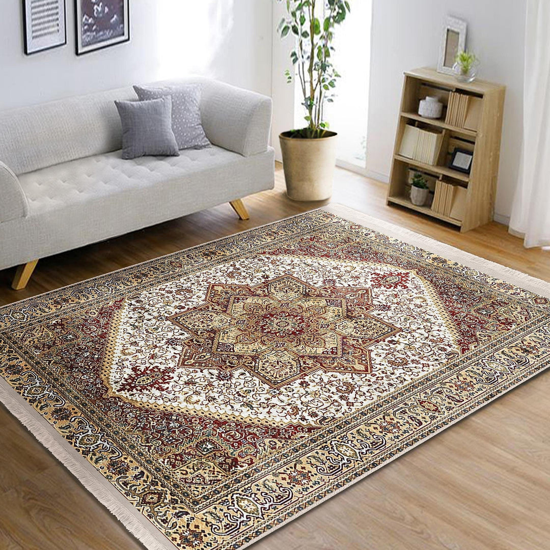 Ottoman Style Rug|Rustic Design Farmhouse Carpet|Machine-Washable Fringed Non-Slip Rug|Ethnic Retro Multi-Purpose Anti-Slip Geometric Carpet