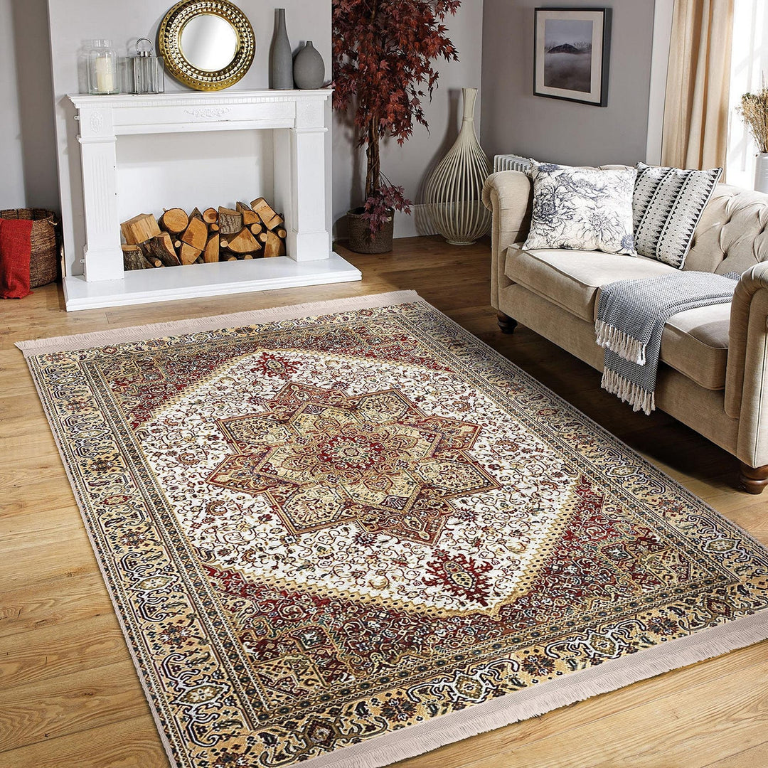 Ottoman Style Rug|Rustic Design Farmhouse Carpet|Machine-Washable Fringed Non-Slip Rug|Ethnic Retro Multi-Purpose Anti-Slip Geometric Carpet