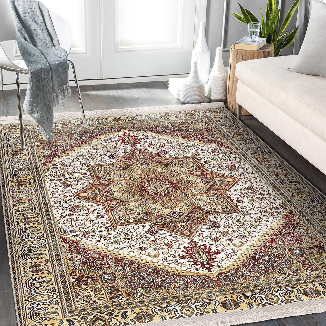 Ottoman Style Rug|Rustic Design Farmhouse Carpet|Machine-Washable Fringed Non-Slip Rug|Ethnic Retro Multi-Purpose Anti-Slip Geometric Carpet