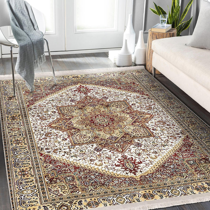 Ottoman Style Rug|Rustic Design Farmhouse Carpet|Machine-Washable Fringed Non-Slip Rug|Ethnic Retro Multi-Purpose Anti-Slip Geometric Carpet