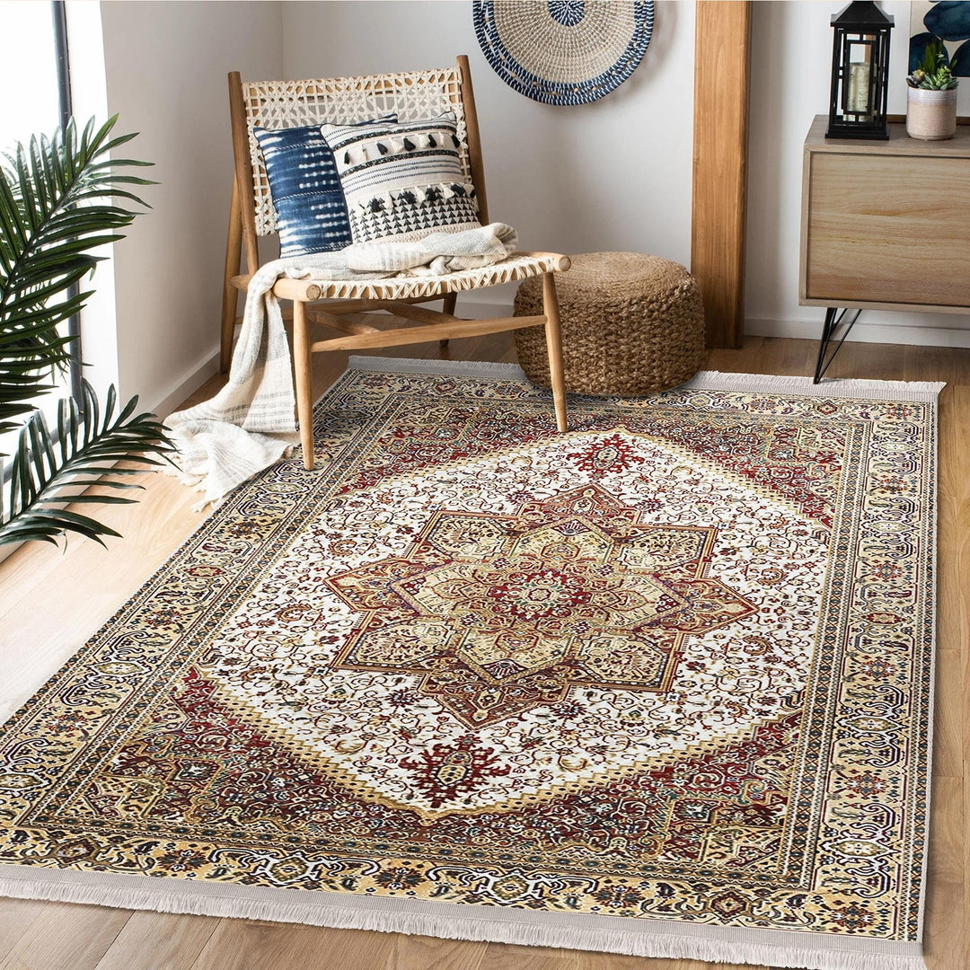 Ottoman Style Rug|Rustic Design Farmhouse Carpet|Machine-Washable Fringed Non-Slip Rug|Ethnic Retro Multi-Purpose Anti-Slip Geometric Carpet