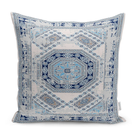 Kilim Pattern Pillow Cover|Rug Design Cushion Case|Vintage Looking Blue Pillow|Ethnic Home Decor|Farmhouse Style Geometric Outdoor Pillowtop