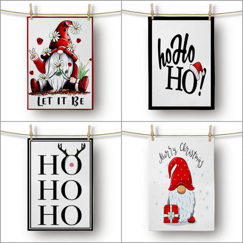 Christmas Kitchen Towel|Merry Xmas Dish Towel|Dwarf Santa and Ho Ho Dishcloth|Winter Trend Hand Towel|Housewarming Let it Be Print Gift
