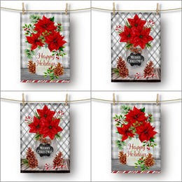 Christmas Kitchen Towel|Merry Xmas Happy Holidays Dish Towel|Poinsettia Dishcloth|Winter Trend Hand Towel|Red Floral Farmhouse Xmas Gift
