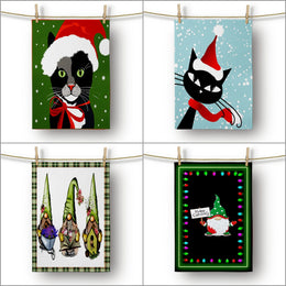 Christmas Kitchen Towel|Merry Xmas Dish Towel|Dwarf Santa and Cute Cat Dishcloth|Winter Trend Hand Towel|Housewarming Animal Print Xmas Gift