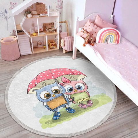 Owl Round Rug|Non-Slip Round Carpet|Fringed Kid Room Circle Carpet|Cute Owl Area Rug|Owl Home Decor|Animal Print Anti-Slip Mat|Gift for Kid