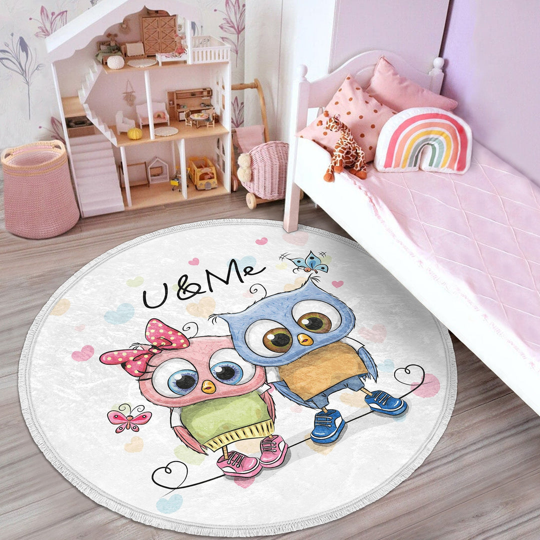 Owl Round Rug|Non-Slip Round Carpet|Fringed Kid Room Circle Carpet|Cute Owl Area Rug|Owl Home Decor|Animal Print Anti-Slip Mat|Gift for Kid