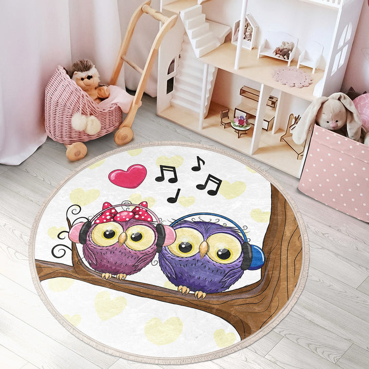 Owl Round Rug|Non-Slip Round Carpet|Fringed Kid Room Circle Carpet|Cute Owl Area Rug|Owl Home Decor|Animal Print Anti-Slip Mat|Gift for Kid