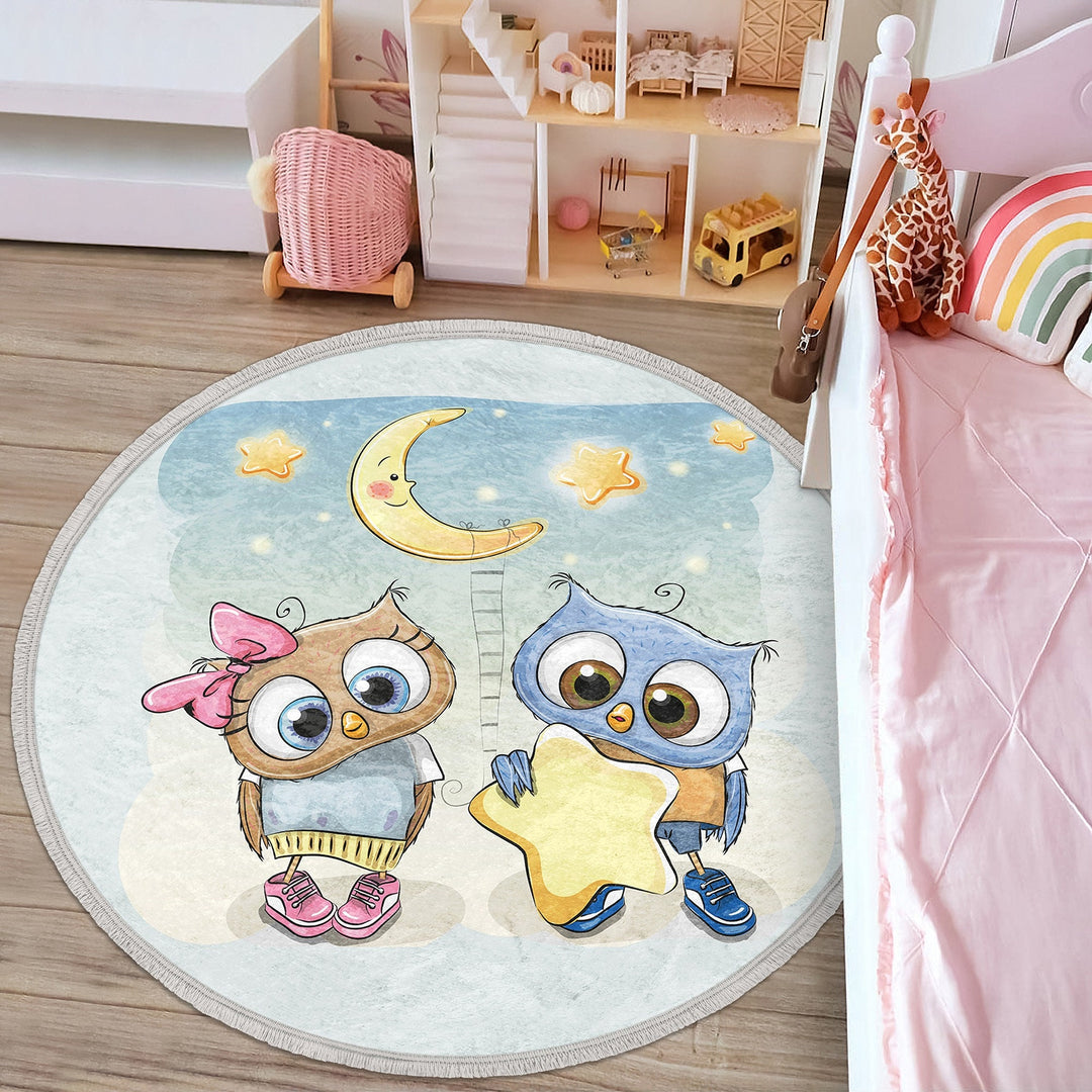 Owl Round Rug|Non-Slip Round Carpet|Fringed Kid Room Circle Carpet|Cute Owl Area Rug|Owl Home Decor|Animal Print Anti-Slip Mat|Gift for Kid