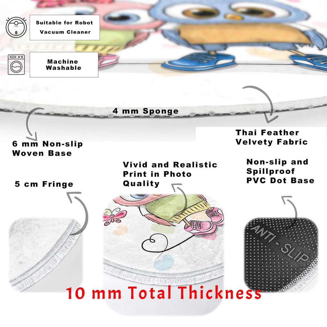 Owl Round Rug|Non-Slip Round Carpet|Fringed Kid Room Circle Carpet|Cute Owl Area Rug|Owl Home Decor|Animal Print Anti-Slip Mat|Gift for Kid