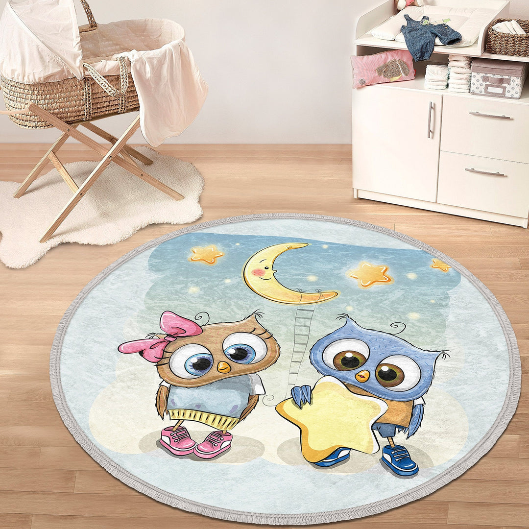 Owl Round Rug|Non-Slip Round Carpet|Fringed Kid Room Circle Carpet|Cute Owl Area Rug|Owl Home Decor|Animal Print Anti-Slip Mat|Gift for Kid