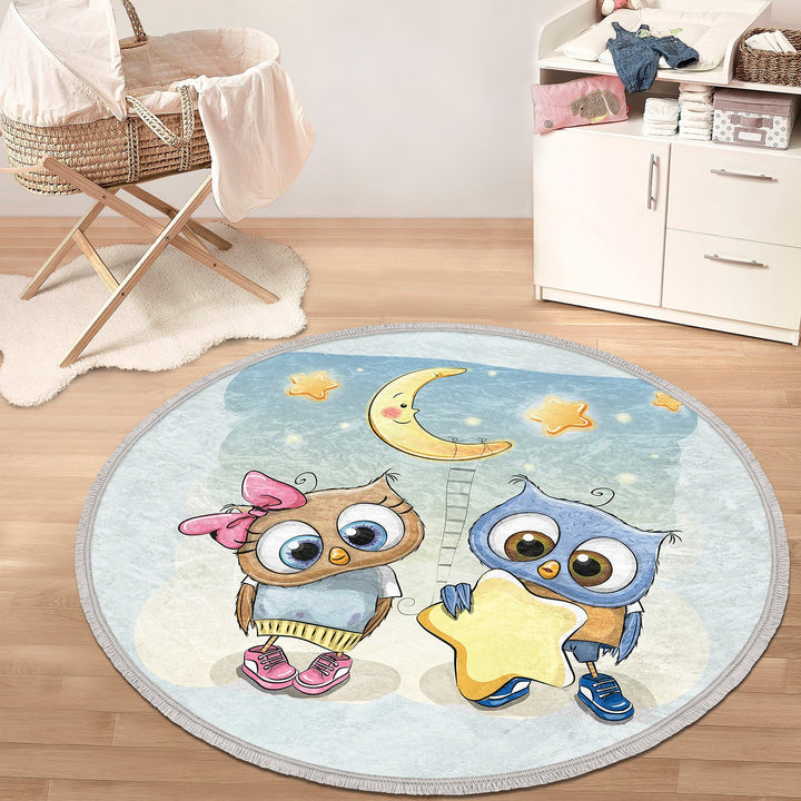 Owl Round Rug|Non-Slip Round Carpet|Fringed Kid Room Circle Carpet|Cute Owl Area Rug|Owl Home Decor|Animal Print Anti-Slip Mat|Gift for Kid