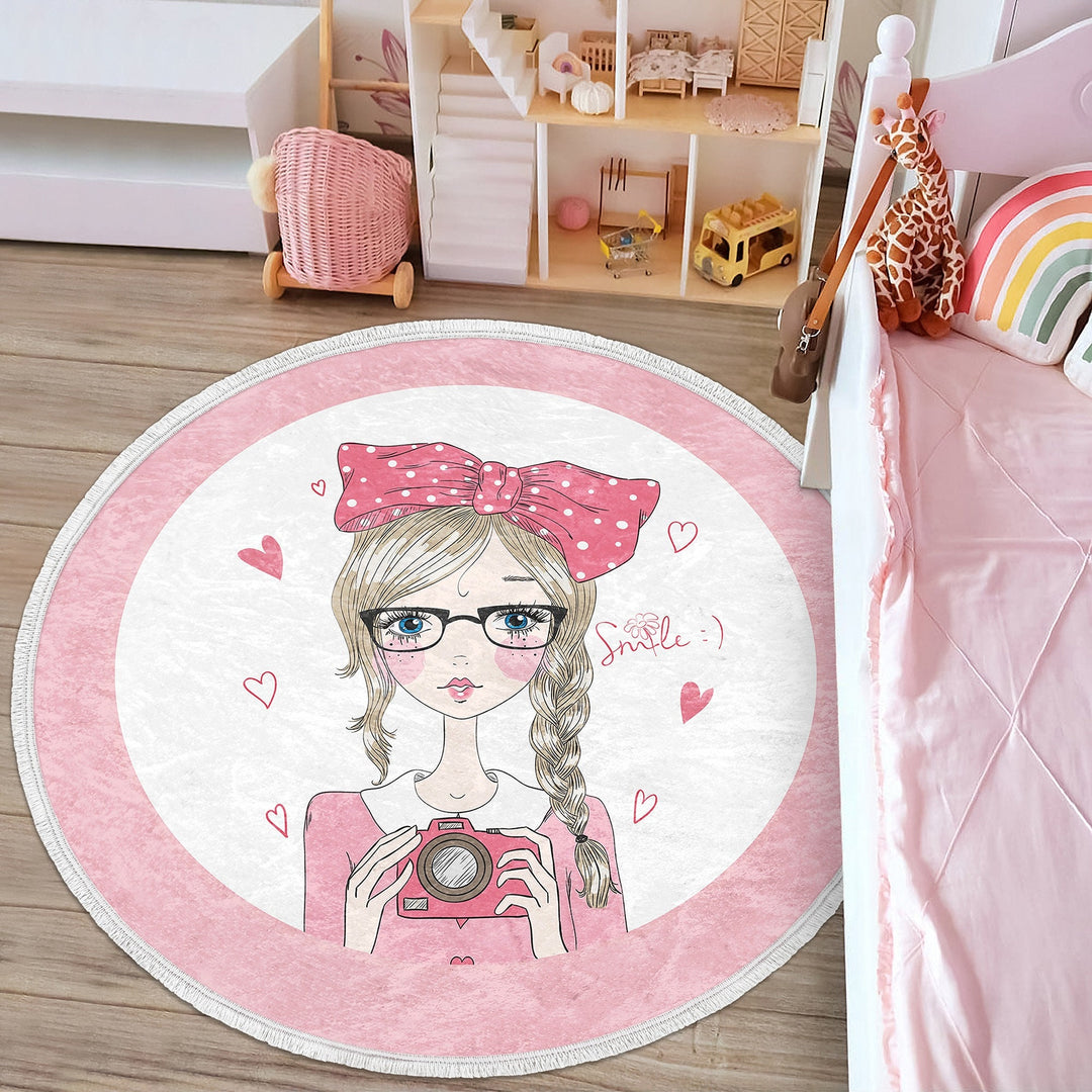 Cute Girl Round Rug|Non-Slip Round Carpet|Fringed Kid Room Circle Carpet|Pink Area Rug|Cute Home Decor|Makeup Girl Print Anti-Slip Mat