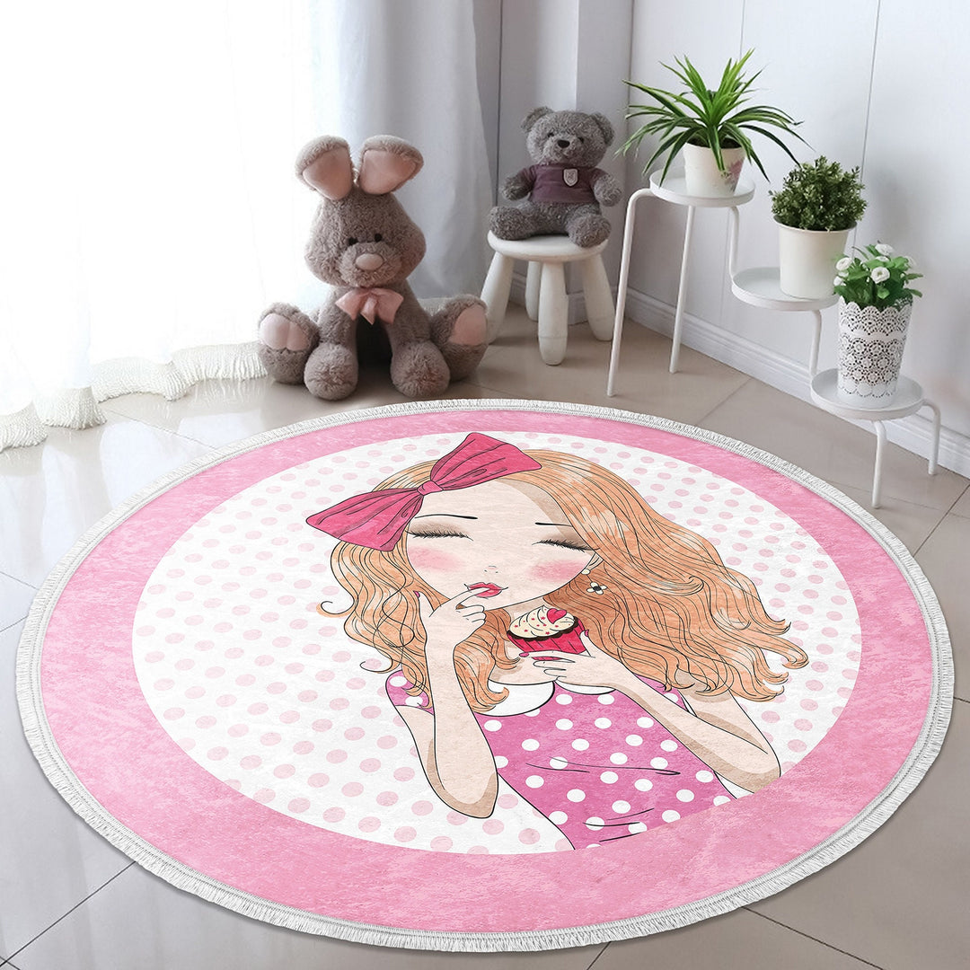 Cute Girl Round Rug|Non-Slip Round Carpet|Fringed Kid Room Circle Carpet|Pink Area Rug|Cute Home Decor|Makeup Girl Print Anti-Slip Mat