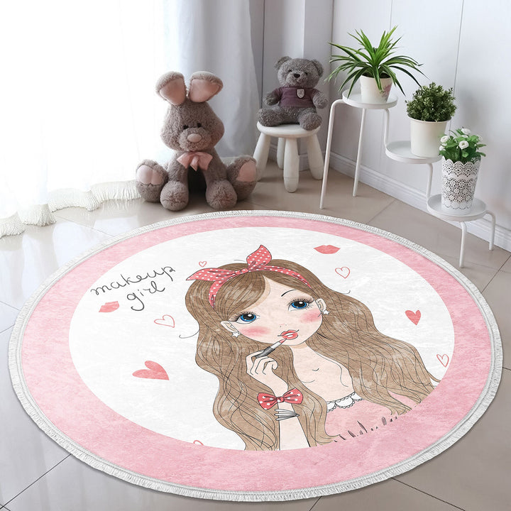 Cute Girl Round Rug|Non-Slip Round Carpet|Fringed Kid Room Circle Carpet|Pink Area Rug|Cute Home Decor|Makeup Girl Print Anti-Slip Mat
