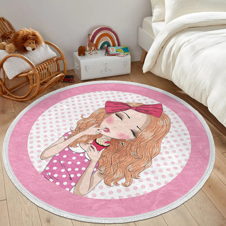 Cute Girl Round Rug|Non-Slip Round Carpet|Fringed Kid Room Circle Carpet|Pink Area Rug|Cute Home Decor|Makeup Girl Print Anti-Slip Mat