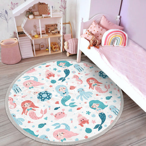 Nautical Round Rug|Non-Slip Round Carpet|Fringed Kid Room Circle Carpet|Nautical Area Rug|Sea Animals Home Decor|Dolphin Print Anti-Slip Mat
